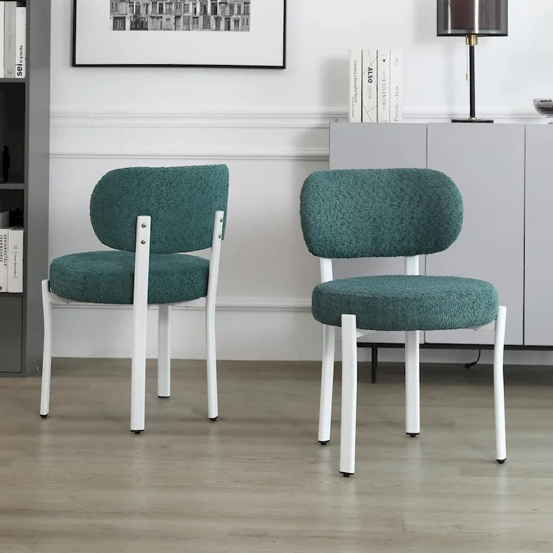 Chaise de salle à manger en bouclette rembourrée, dossier ouvert, pieds en métal blanc, noir
