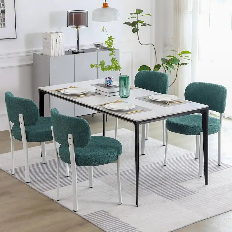 Chaise de salle à manger en bouclette rembourrée, dossier ouvert, pieds en métal blanc, noir