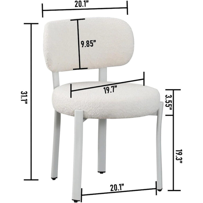 Chaise de salle à manger en bouclette rembourrée, dossier ouvert, pieds en métal blanc, noir
