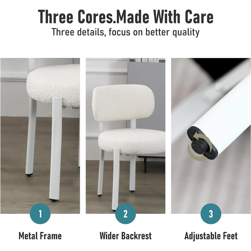 Chaise de salle à manger en bouclette rembourrée, dossier ouvert, pieds en métal blanc, noir