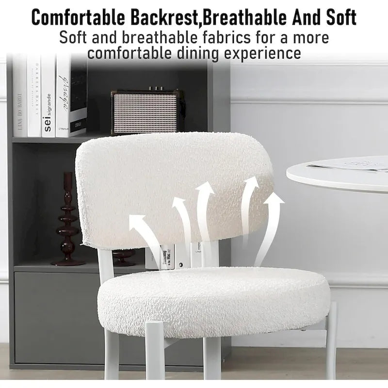Chaise de salle à manger en bouclette rembourrée, dossier ouvert, pieds en métal blanc, noir