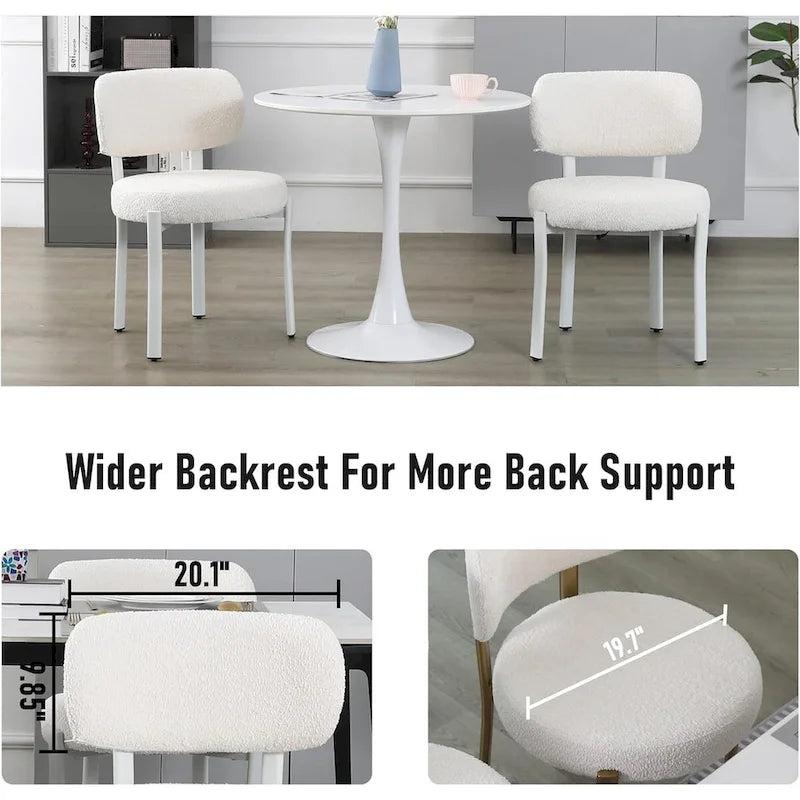 Chaise de salle à manger en bouclette rembourrée, dossier ouvert, pieds en métal blanc, noir