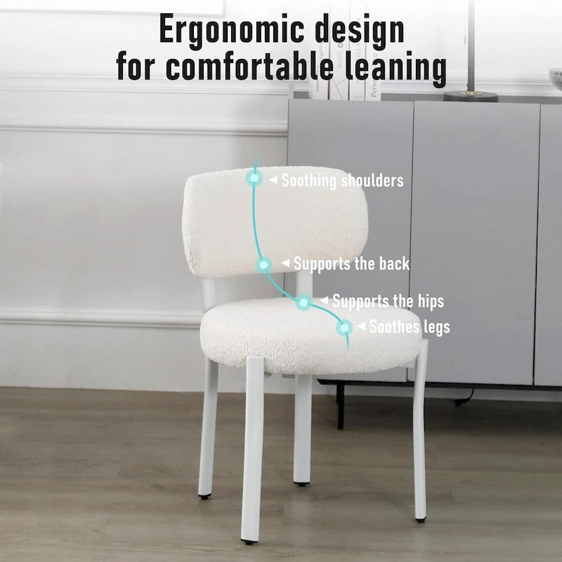Chaise de salle à manger en bouclette rembourrée, dossier ouvert, pieds en métal blanc, noir