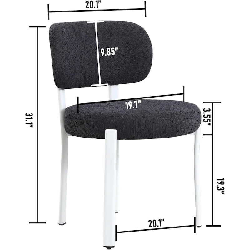 Chaise de salle à manger en bouclette rembourrée, dossier ouvert, pieds en métal blanc, noir