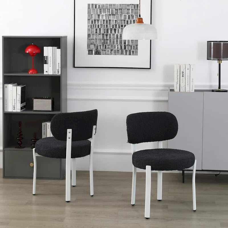 Chaise de salle à manger en bouclette rembourrée, dossier ouvert, pieds en métal blanc, noir