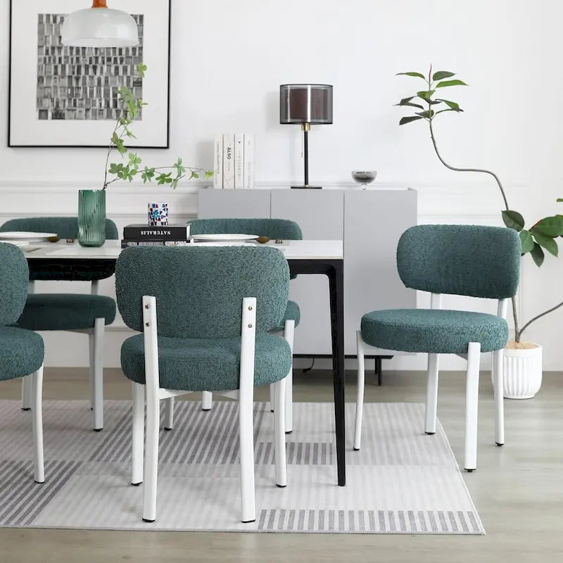 Chaise de salle à manger en bouclette rembourrée, dossier ouvert, pieds en métal blanc, noir