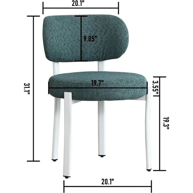 Chaise de salle à manger en bouclette rembourrée, dossier ouvert, pieds en métal blanc, noir