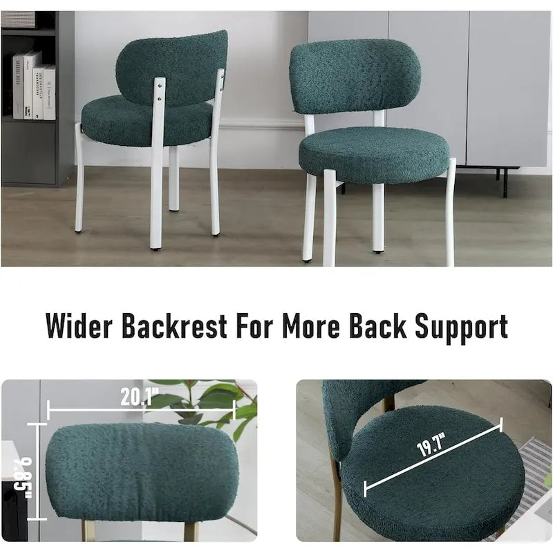Chaise de salle à manger en bouclette rembourrée, dossier ouvert, pieds en métal blanc, noir