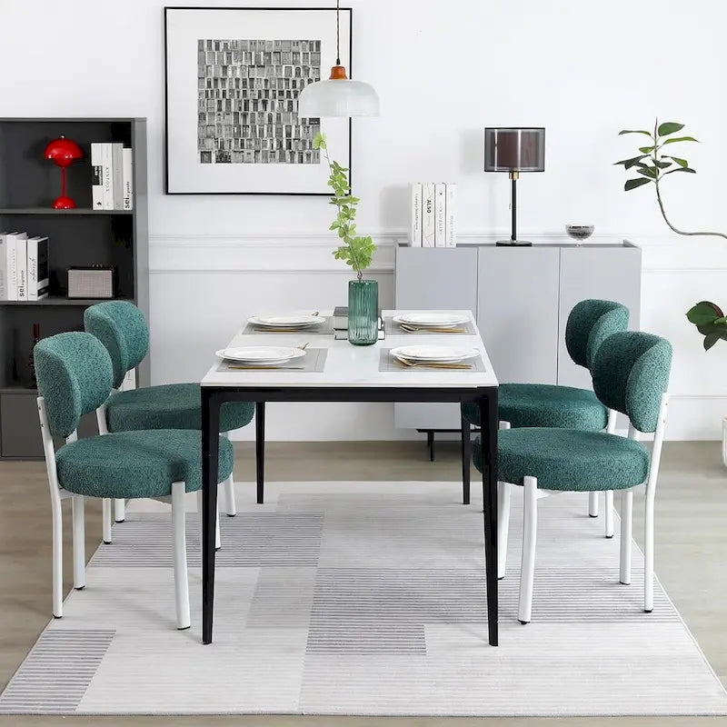 Chaise de salle à manger en bouclette rembourrée, dossier ouvert, pieds en métal blanc, noir