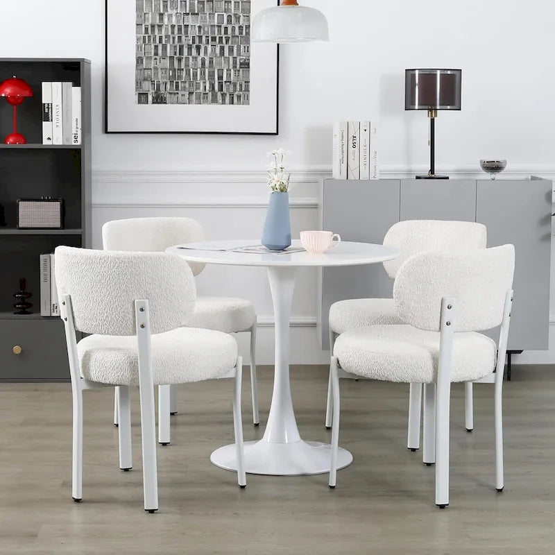 Chaise de salle à manger en bouclette rembourrée, dossier ouvert, pieds en métal blanc, noir