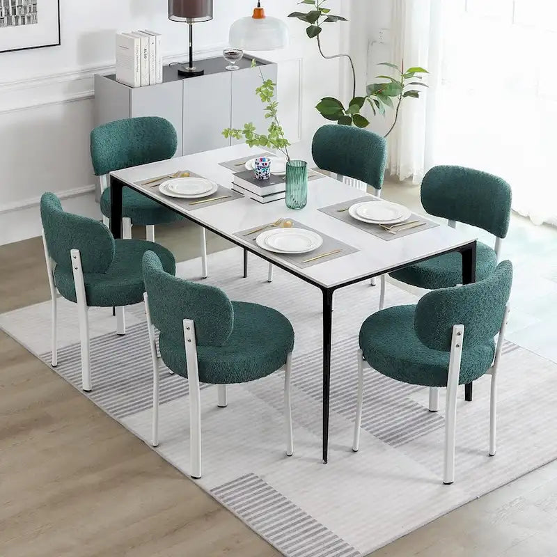 Chaise de salle à manger en bouclette rembourrée, dossier ouvert, pieds en métal blanc, noir