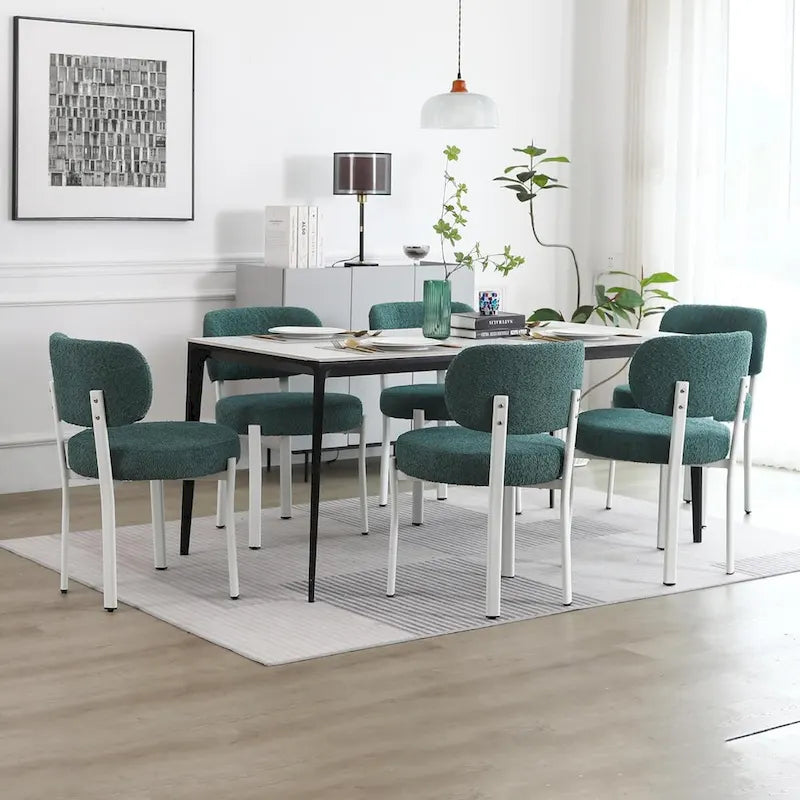 Chaise de salle à manger en bouclette rembourrée, dossier ouvert, pieds en métal blanc, noir