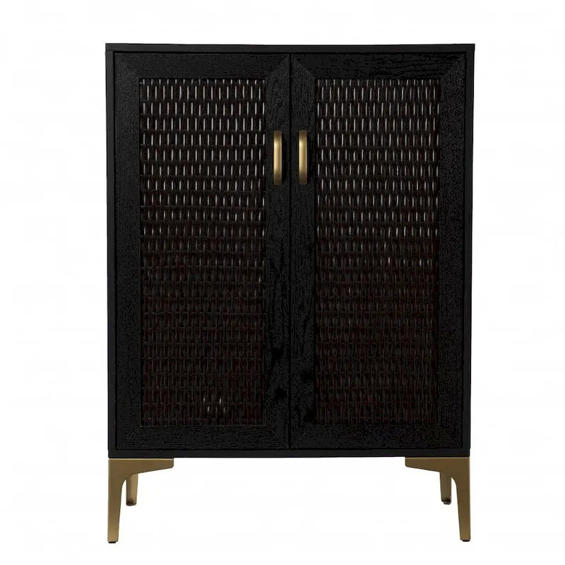 Bar avec double porte, rangement pour le vin et façade en similicuir tressé noir et or