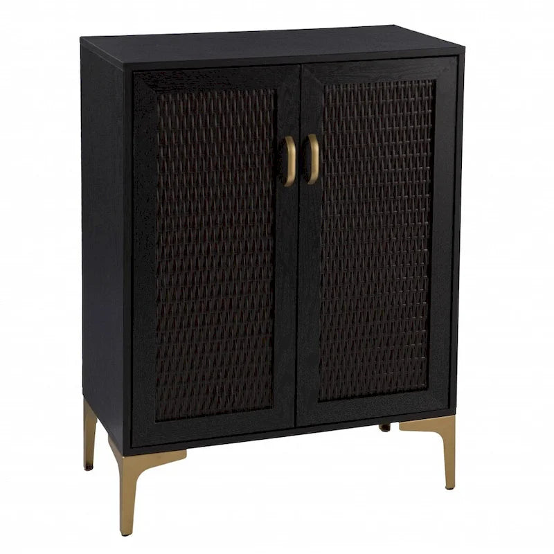 Bar avec double porte, rangement pour le vin et façade en similicuir tressé noir et or