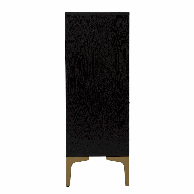 Bar avec double porte, rangement pour le vin et façade en similicuir tressé noir et or