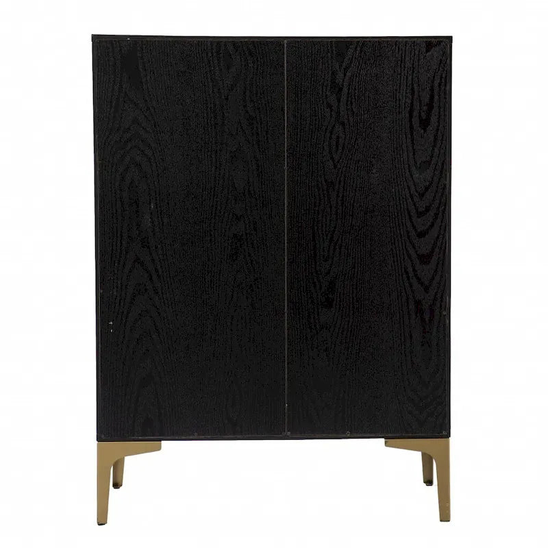 Bar avec double porte, rangement pour le vin et façade en similicuir tressé noir et or