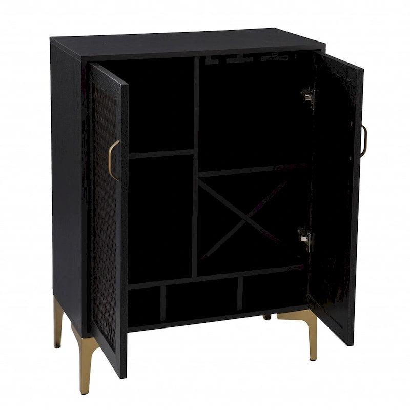 Bar avec double porte, rangement pour le vin et façade en similicuir tressé noir et or