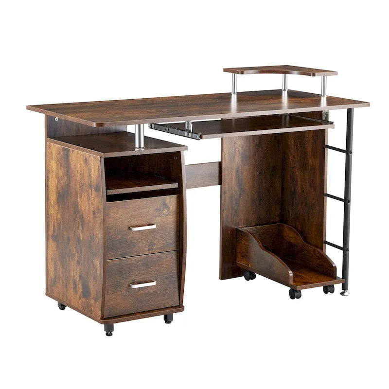 Bureau d'angle avec tiroirs, support pour unité centrale et plateau coulissant pour clavier, Marron rustique