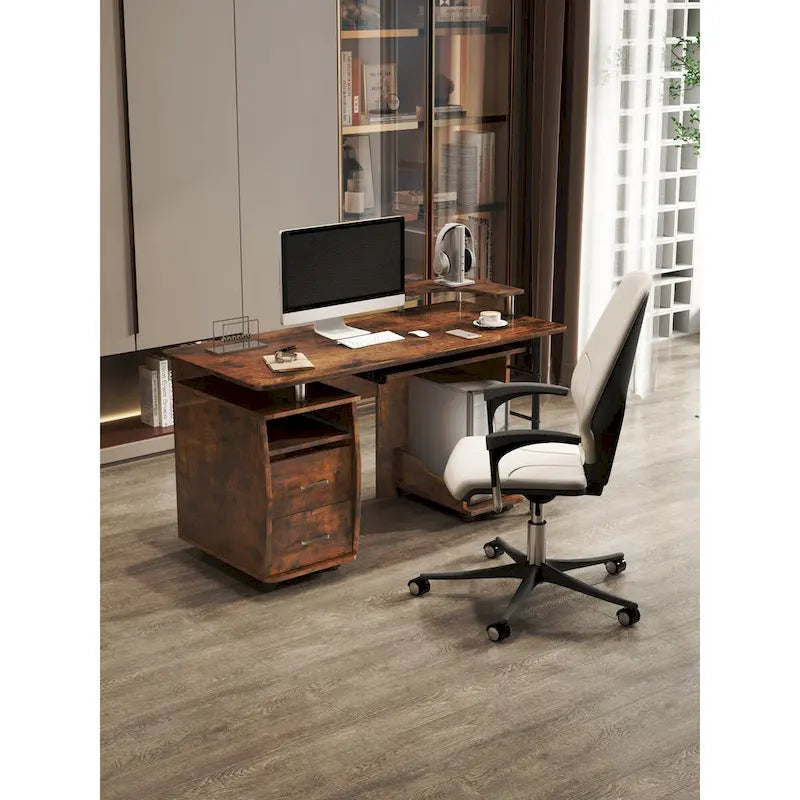 Bureau d'angle avec tiroirs, support pour unité centrale et plateau coulissant pour clavier, Marron rustique