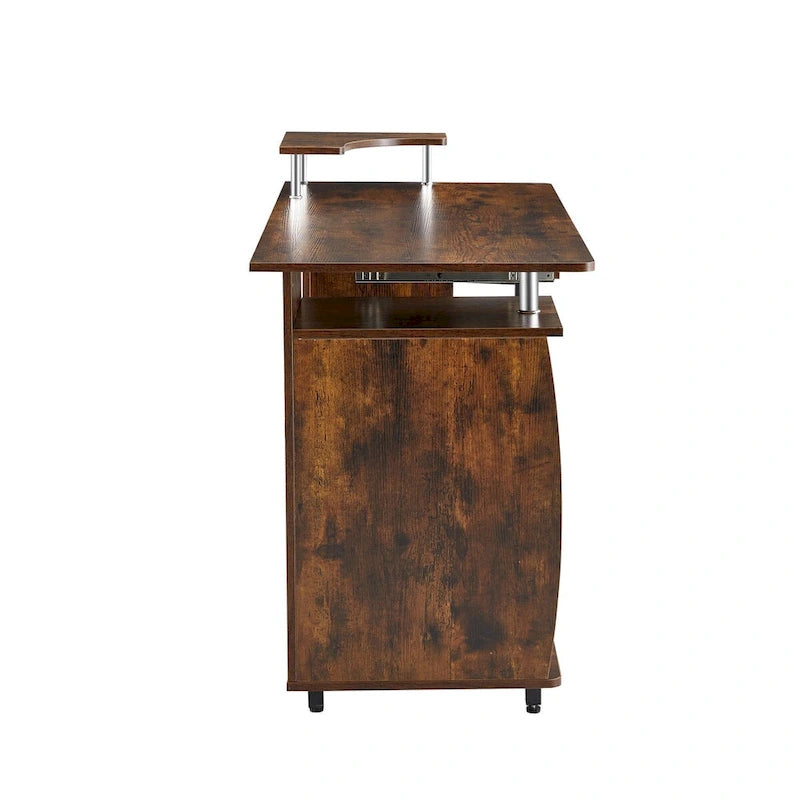 Bureau d'angle avec tiroirs, support pour unité centrale et plateau coulissant pour clavier, Marron rustique