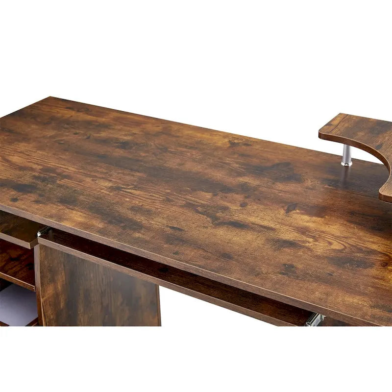 Bureau d'angle avec tiroirs, support pour unité centrale et plateau coulissant pour clavier, Marron rustique
