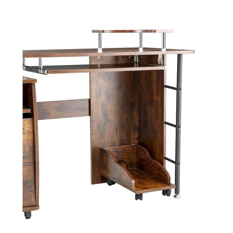 Bureau d'angle avec tiroirs, support pour unité centrale et plateau coulissant pour clavier, Marron rustique