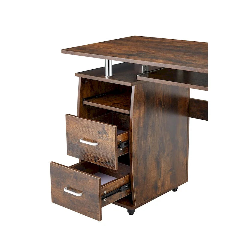 Bureau d'angle avec tiroirs, support pour unité centrale et plateau coulissant pour clavier, Marron rustique