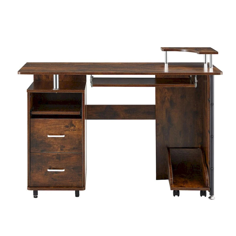 Bureau d'angle avec tiroirs, support pour unité centrale et plateau coulissant pour clavier, Marron rustique