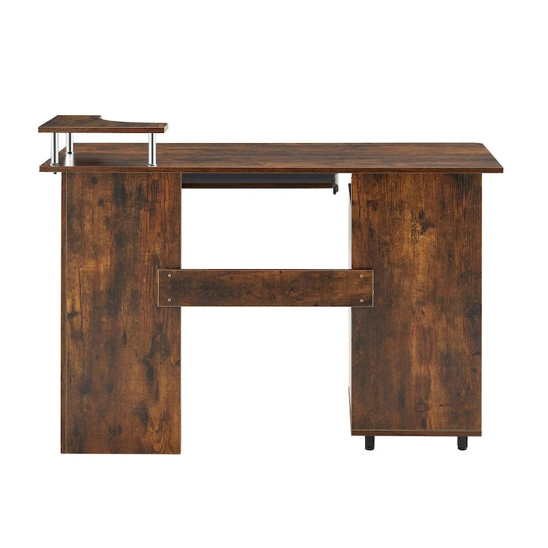 Bureau d'angle avec tiroirs, support pour unité centrale et plateau coulissant pour clavier, Marron rustique