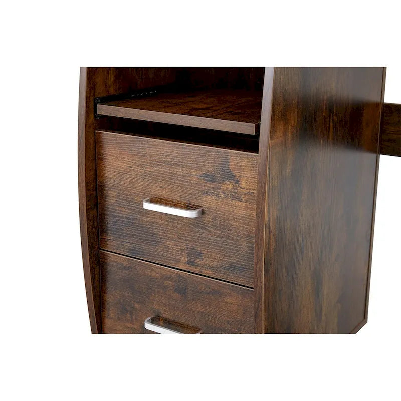 Bureau d'angle avec tiroirs, support pour unité centrale et plateau coulissant pour clavier, Marron rustique