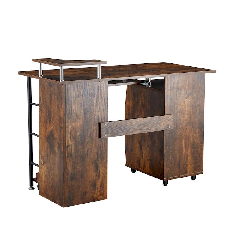 Bureau d'angle avec tiroirs, support pour unité centrale et plateau coulissant pour clavier, Marron rustique