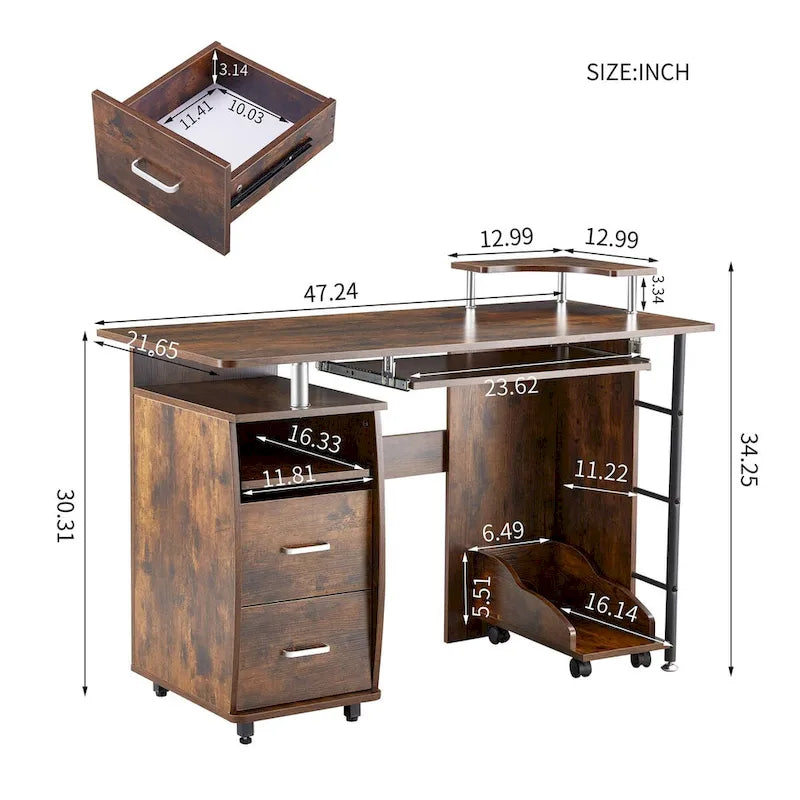 Bureau d'angle avec tiroirs, support pour unité centrale et plateau coulissant pour clavier, Marron rustique