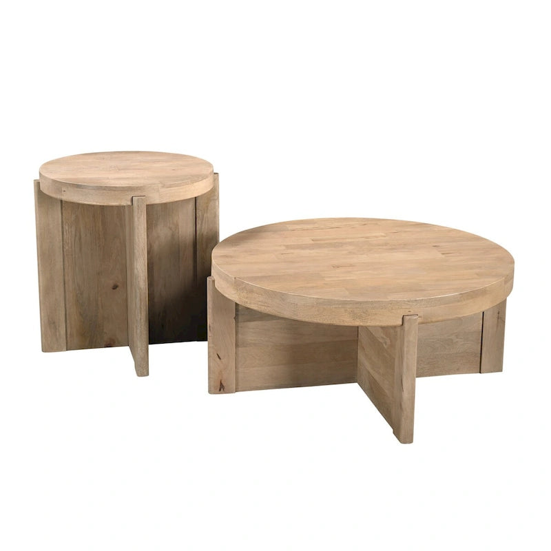 Table basse ronde en bois massif avec piètement en croix